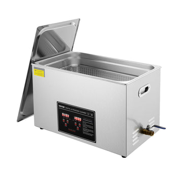 Stainless steel ultrasonic cleaner with digital display, 10L capacity, and removable basket for efficient cleaning.