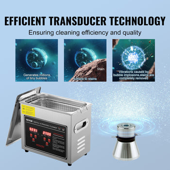 Stainless steel ultrasonic cleaner with digital display, featuring efficient transducer technology for optimal cleaning.