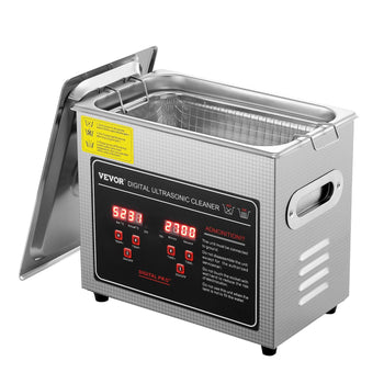 Vevor digital ultrasonic cleaner, stainless steel, silver, 2.1L capacity, digital display, compact design for effective cleaning.