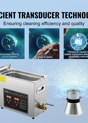 Stainless steel ultrasonic cleaner with digital display, ensuring deep cleaning and high efficiency.