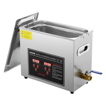 Vevor stainless steel digital ultrasonic cleaner, 2L capacity, adjustable temperature and timer, with basket and faucet.