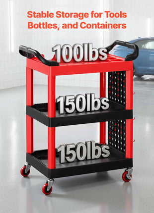 Utility Cart, 300 lbs Capacity, 3 Tier Service Cart with 360° Swivel Wheels (2 with Brakes), Heavy Duty Plastic Rolling with Trays and Pegboards, Tool Storage for Garage, Warehouse & Repair Shop