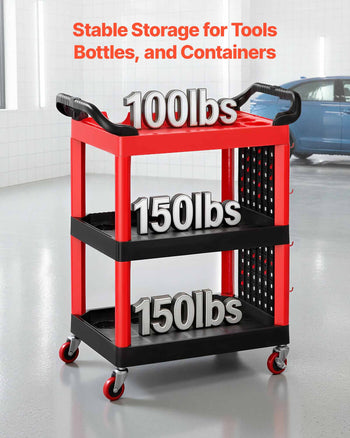 Utility Cart, 300 lbs Capacity, 3 Tier Service Cart with 360° Swivel Wheels (2 with Brakes), Heavy Duty Plastic Rolling with Trays and Pegboards, Tool Storage for Garage, Warehouse & Repair Shop
