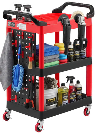 Utility Cart, 300 lbs Capacity, 3 Tier Service Cart with 360° Swivel Wheels (2 with Brakes), Heavy Duty Plastic Rolling with Trays and Pegboards, Tool Storage for Garage, Warehouse & Repair Shop