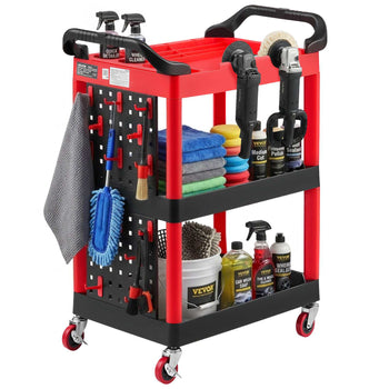 Utility Cart, 300 lbs Capacity, 3 Tier Service Cart with 360° Swivel Wheels (2 with Brakes), Heavy Duty Plastic Rolling with Trays and Pegboards, Tool Storage for Garage, Warehouse & Repair Shop