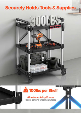 Utility Cart, 300 lbs Capacity, 3 Tier Folding Service Cart with 360° Swivel Wheels (2 with Brakes), Heavy Duty Rolling with Trays & Side Tool Holder, Tool Storage for Garage Warehouse Workshop