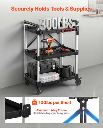 Utility Cart, 300 lbs Capacity, 3 Tier Folding Service Cart with 360° Swivel Wheels (2 with Brakes), Heavy Duty Rolling with Trays & Side Tool Holder, Tool Storage for Garage Warehouse Workshop
