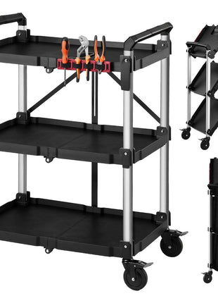 Utility Cart, 300 lbs Capacity, 3 Tier Folding Service Cart with 360° Swivel Wheels (2 with Brakes), Heavy Duty Rolling with Trays & Side Tool Holder, Tool Storage for Garage Warehouse Workshop