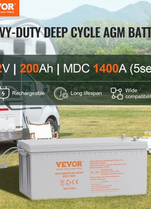 Rechargeable AGM Marine Battery, 12V 200 AH, Designed for RV Solar Marine Off-Grid Use, UPS Backup, with a Self-Discharge Rate, 1400A Current