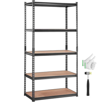 Black metal shelving unit with four wooden shelves, sturdy design, ideal for garage or home organization.