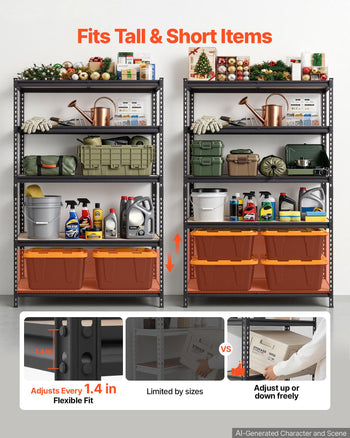 Storage Shelves, 5-Tier Adjustable, 2000 lbs Capacity, Heavy Duty Garage Storage Shelving Unit, Metal Utility Rack Shelf, for Garage Warehouse Basement Kitchen, 48.35" W x 18.07" D x 71.38" H