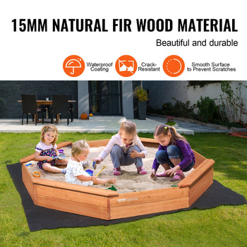 Wooden Sandbox with Cover, 75.6 x 75.6 x 9.1 in Octagonal Sand Box, Sand Pit with 4 Seating and Bottom Liner, Kids Sandbox for Outdoor Backyard, Beach, Park, Gift for Boys Girls Ages 3-12