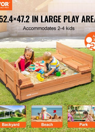 Wooden Sandbox, 52.4 x 47.2 x 16.9 in Sand Box, Sand Pit with Foldable Bench Seats and Bottom Liner, Natural Wood Kids Sandbox for Outdoor Backyard, Beach, Park, Gift for Boys Girls Ages 3-12