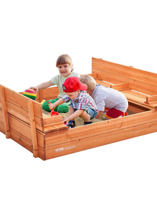 Wooden Sandbox, 52.4 x 47.2 x 16.9 in Sand Box, Sand Pit with Foldable Bench Seats and Bottom Liner, Natural Wood Kids Sandbox for Outdoor Backyard, Beach, Park, Gift for Boys Girls Ages 3-12