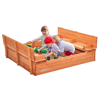 Wooden Sandbox, 52.4 x 47.2 x 16.9 in Sand Box, Sand Pit with Foldable Bench Seats and Bottom Liner, Natural Wood Kids Sandbox for Outdoor Backyard, Beach, Park, Gift for Boys Girls Ages 3-12