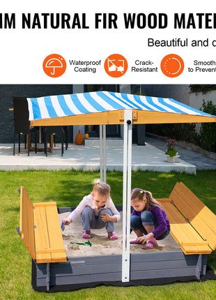 Wooden Sandbox with Canopy, 57.3 x 47.2 x 47.2 in Sand Box, Sand Pit with Foldable Bench Seats and Bottom Liner, Natural Wood Kids Sandbox for Outdoor Backyard, Beach, Park, Gift for Ages 3-12