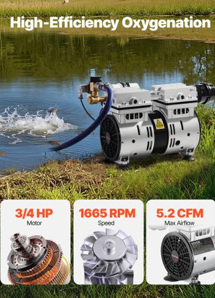 Pond Aerator, 550W Power, 5.2CFM for Up to 3 Acre 50' Lake, Pond Aeration Kit Includes 3/4 HP Compressor & Timer & Valves, Air Compressor for Deep Water Oxygen Circulation, for Pond, Lake