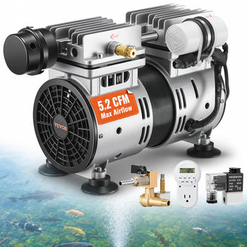 VEVOR 5.2 CFM air pump with silver metal body, black accents, and included accessories for aquaculture applications.