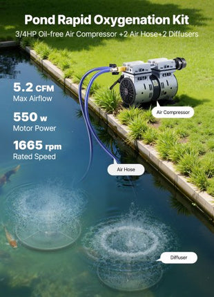 Pond Aerators, 5.2CFM Aeration System for Lake up to 3 Acres, 3/4 HP Air Compressor, 2 Diffusesr & Two100' Weighted Tubings, Aeration Pump for Outdoor Ponds & Lakes Deep Water Oxygen Circulation