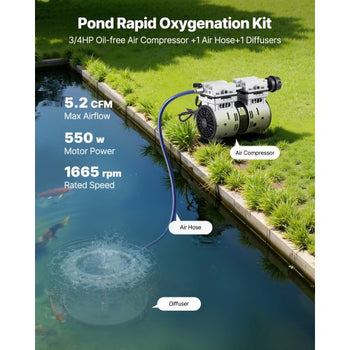 Pond Aerators, 5.2CFM Aeration System for Lake up to 3 Acres, 3/4 HP Air Compressor, 1 Diffuser & 100' Weighted Tubings, Aeration Pump for Outdoor Ponds & Lakes Deep Water Oxygen Circulation