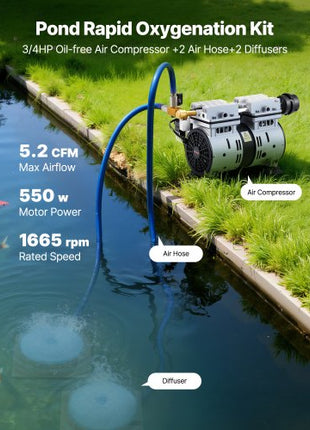 Pond Aerators, 5.2CFM Aeration System for Lakes up to 3 Acres, 3/4 HP Air Compressor, 2 Diffusers & Two 100' Weighted Tubings, Outdoor Pond Aeration Pump for Deep Water Oxygen Circulation