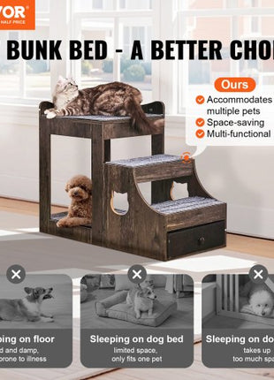 Pet Bunk Bed with Removable Stairs, Dog/Cat Window Perch with Storage, Multi-Level Bed Window Perch Dog Bedside Sleeper Couch, Small Pet Seat Platform, Indoor Use (Gray)