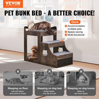 Pet Bunk Bed with Removable Stairs, Dog/Cat Window Perch with Storage, Multi-Level Bed Window Perch Dog Bedside Sleeper Couch, Small Pet Seat Platform, Indoor Use (Gray)