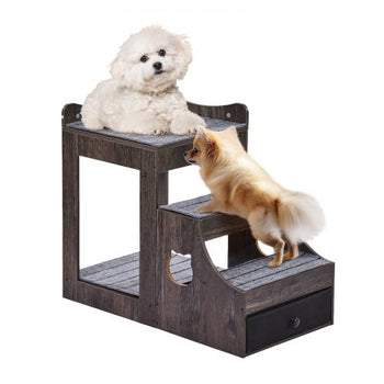 Pet Bunk Bed with Removable Stairs, Dog/Cat Window Perch with Storage, Multi-Level Bed Window Perch Dog Bedside Sleeper Couch, Small Pet Seat Platform, Indoor Use (Gray)