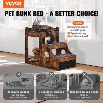 Pet Bunk Bed with Removable Stairs, Dog/Cat Window Perch with Storage, Multi-Level Bed Window Perch Dog Bedside Sleeper Couch, Small Pet Seat Platform, Indoor Use (Rustic Brown)
