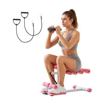 Deep Squat Machine, Adjustable Glutes Trainer Machine with 3 High-Strength Resistance Bands, Folding Core Leg and Glutes Exercise Trainer, Push Up Workout Equipment at Home Gym, Pink + White