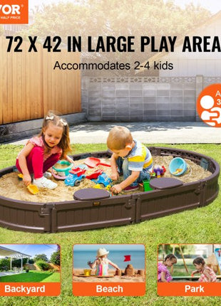 Sandbox with Cover, 72 x 41.5 x 9.1 in Oval Sand Box, HDPE Sand Pit with 4 Corner Seating and Bottom Liner, Kids Sandbox for Outdoor Backyard, Beach, Park, Gift for Boys Girls Ages 3-12, Brown