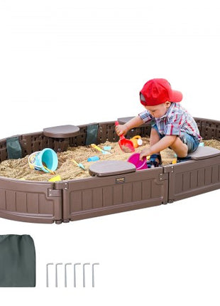 Sandbox with Cover, 72 x 41.5 x 9.1 in Oval Sand Box, HDPE Sand Pit with 4 Corner Seating and Bottom Liner, Kids Sandbox for Outdoor Backyard, Beach, Park, Gift for Boys Girls Ages 3-12, Brown