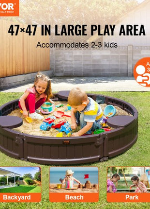 Sandbox with Cover, 47.2 x 9.1 in Round Sand Box, HDPE Sand Pit with 3 Corner Seating and Bottom Liner, Kids Sandbox for Outdoor Backyard, Beach, Park, Gift for Boys Girls Ages 3-12, Brown