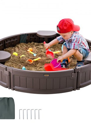 Sandbox with Cover, 47.2 x 9.1 in Round Sand Box, HDPE Sand Pit with 3 Corner Seating and Bottom Liner, Kids Sandbox for Outdoor Backyard, Beach, Park, Gift for Boys Girls Ages 3-12, Brown