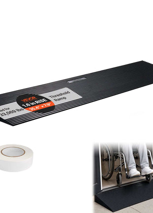 Black rubber threshold ramp with a 33,000 lbs capacity, ideal for wheelchairs, featuring a non-slip surface.