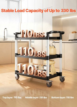 Utility Cart, 500 lbs Load Capacity, 3-tier Utility Plastic Cart with 360° Swivel Wheels (2 with Brakes), 31.1 x 19.3-inch Food Service Cart for Warehouse, Office, Home, Restaurant, Kitchen