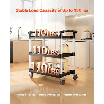 Utility Cart, 500 lbs Load Capacity, 3-tier Utility Plastic Cart with 360° Swivel Wheels (2 with Brakes), 31.1 x 19.3-inch Food Service Cart for Warehouse, Office, Home, Restaurant, Kitchen