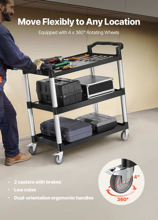 Utility Cart, 500 lbs Load Capacity, 3-tier Utility Plastic Cart with 360° Swivel Wheels (2 with Brakes), 31.1 x 19.3-inch Food Service Cart for Warehouse, Office, Home, Restaurant, Kitchen