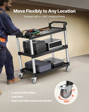 Utility Cart, 500 lbs Load Capacity, 3-tier Utility Plastic Cart with 360° Swivel Wheels (2 with Brakes), 31.1 x 19.3-inch Food Service Cart for Warehouse, Office, Home, Restaurant, Kitchen