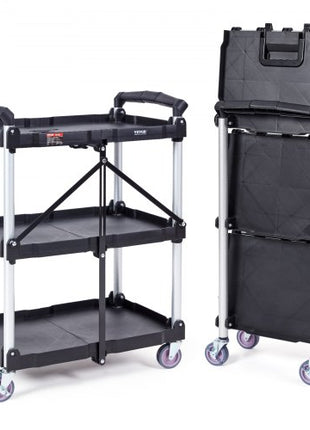 Foldable Utility Service Cart, 3 Shelf 165LBS Heavy Duty Plastic Rolling Cart with Lockable Wheels, Ergonomic Handle, Portable Garage Tool Cart for Warehouse/Office/Home(25.62"x15.43"x32.76")