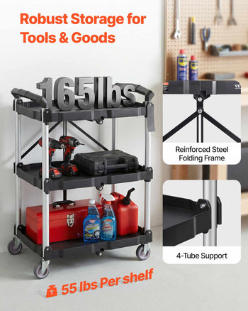 Black and silver steel rolling cart with 3 shelves, supports 165 lbs, ideal for tools and goods storage.