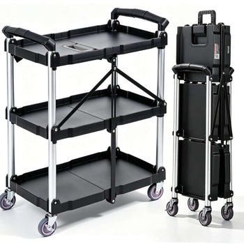 Black collapsible utility cart with three shelves and aluminum handles, featuring swivel wheels for easy mobility.