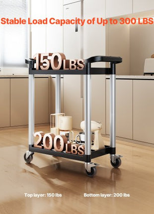Utility Cart, 300 lbs Load Capacity, 2-tier Utility Plastic Cart with 360° Swivel Wheels (2 with Brakes), 24.4 x 16.1-inch Food Service Cart for Warehouse, Office, Home, Restaurant, Kitchen