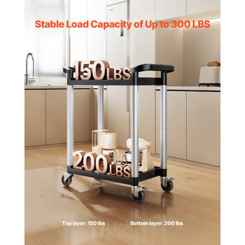 Utility Cart, 300 lbs Load Capacity, 2-tier Utility Plastic Cart with 360° Swivel Wheels (2 with Brakes), 24.4 x 16.1-inch Food Service Cart for Warehouse, Office, Home, Restaurant, Kitchen