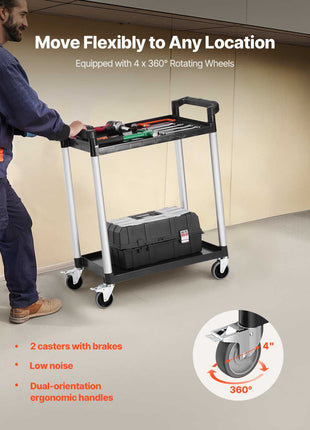Utility Cart, 300 lbs Load Capacity, 2-tier Utility Plastic Cart with 360° Swivel Wheels (2 with Brakes), 24.4 x 16.1-inch Food Service Cart for Warehouse, Office, Home, Restaurant, Kitchen