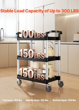 Utility Cart, 300 lbs Load Capacity, 3-tier Utility Plastic Cart with 360° Swivel Wheels (2 with Brakes), 24.4 x 16.1-inch Food Service Cart for Warehouse, Office, Home, Restaurant, Kitchen