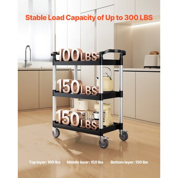 Utility Cart, 300 lbs Load Capacity, 3-tier Utility Plastic Cart with 360° Swivel Wheels (2 with Brakes), 24.4 x 16.1-inch Food Service Cart for Warehouse, Office, Home, Restaurant, Kitchen