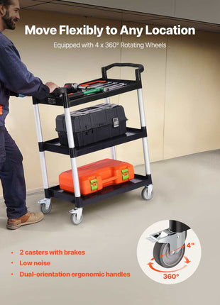 Utility Cart, 300 lbs Load Capacity, 3-tier Utility Plastic Cart with 360° Swivel Wheels (2 with Brakes), 24.4 x 16.1-inch Food Service Cart for Warehouse, Office, Home, Restaurant, Kitchen