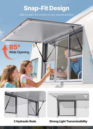 Concession Window 60x36 in, Aluminum Alloy Service Window for Food Truck, Up to 85 Degrees Stand Serving Window with 6 Sliding Windows, Awning Door, and Drag Hook, for Concession Trailers