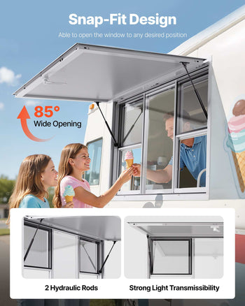 Concession Window 60x36 in, Aluminum Alloy Service Window for Food Truck, Up to 85 Degrees Stand Serving Window with 6 Sliding Windows, Awning Door, and Drag Hook, for Concession Trailers